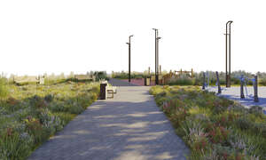 rendered foreground with paved pedestrian road and flowerbeds