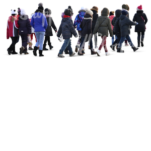 group of children walking in winter