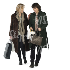 two women with shopping bags walking and talking