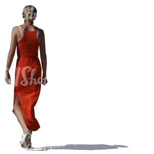 woman in a long red dress walking