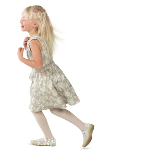 young blonde girl in a party dress running around merrily