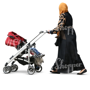 muslim woman pushing a baby carriage