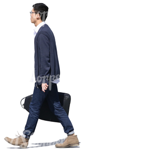 young asian man with a large bag walking