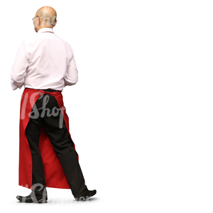 male waiter with a red apron standing