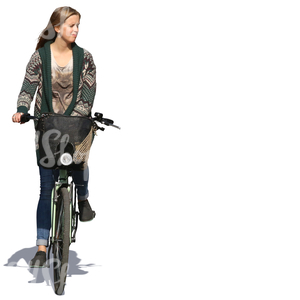 woman in a cardigan riding a bike