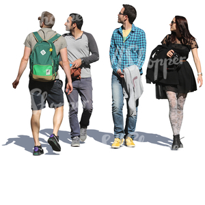 group of four people walking and looking at smth