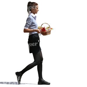 waitress walking and carrying a bread basket and plates