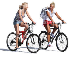 two women riding on bikes and talking