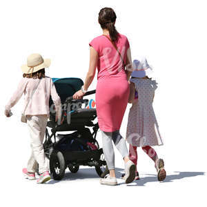 mother with her daughters and baby carriage walking