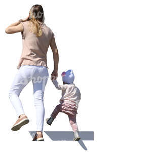 mother and daughter walking up the stairs