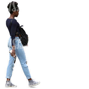 young african woman walking and wearing a backpack on the front