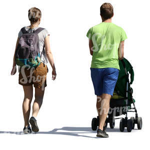 man and woman walking with a baby stroller