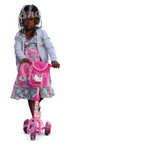 black girl riding a pink scooter