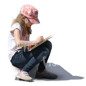 girl with a pink hat sitting and drawing