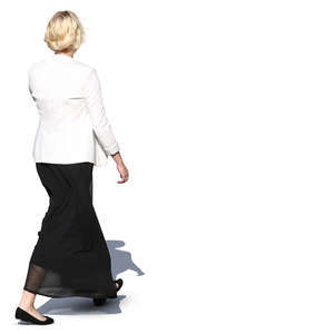 woman in a black and white costume walking