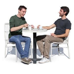 two men sitting in a street cafe and talking