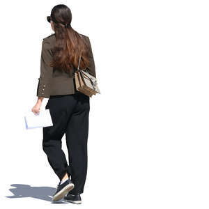 woman with long brown hair walking