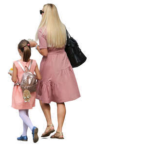 mother and daughter in pink dresses walking