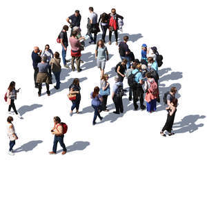 group of people standing and walking seen from above