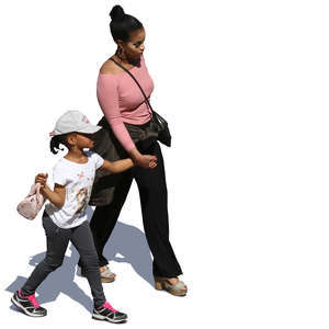 black mother and daughter walking and holding hands seen from above