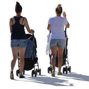 two backlit women with baby carriages walking