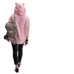 woman in a pink hooded sweater walking