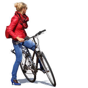 woman with a bicycle standing and looking around
