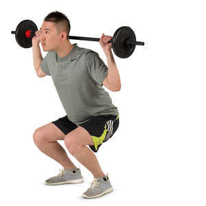 asian man doing squats with a weights