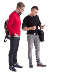 two men standing and looking smth in a phone