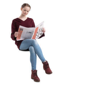 young woman sitting and reading a newspaper