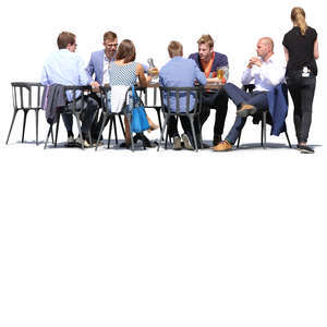 group of guests and a waitress in a street cafe