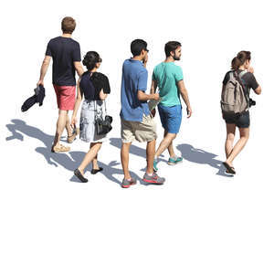 group of five young people walking seen from above