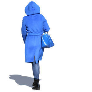 woman in a blue hooded coat walking