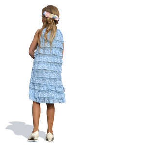 little girl in a blue party dress standing