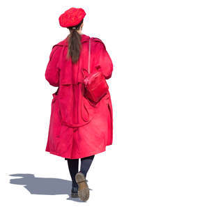 woman in an all red costume walking