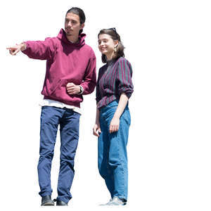 man and woman standing on a balcony and pointing down