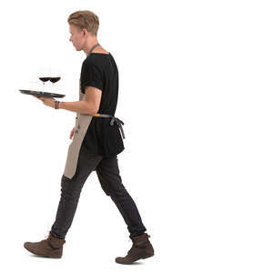 male waiter with a tray walking