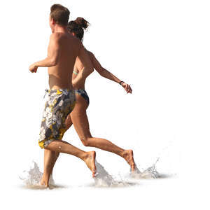 man and woman running hand in hand into water