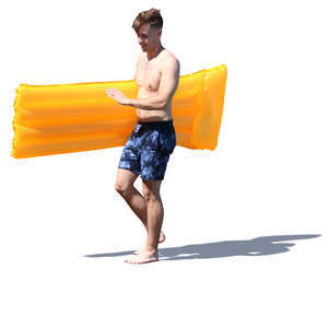 man walking with a swimming mattress