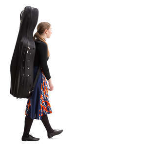 young woman with a cello case walking