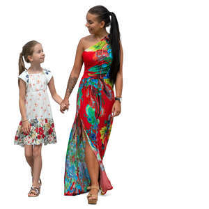 mother and daughter in summer dresses walking hand in hand