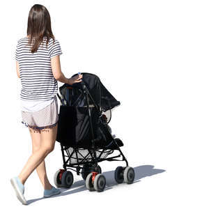 woman in a summer outfit walking with a stroller