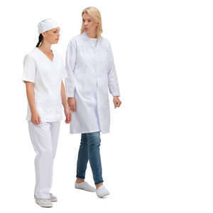 two medical workers walking and talking