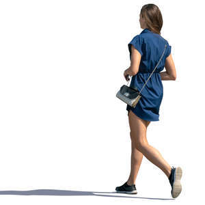 woman in a blue summer dress walking