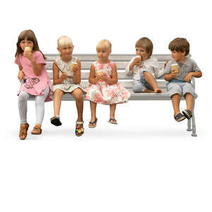 five kids sitting on a bench and eating ice cream