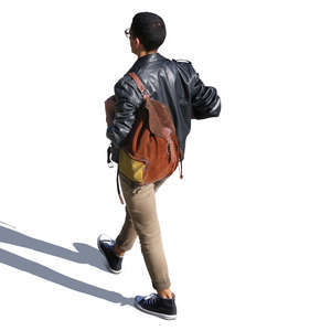 man with a suede backpack walking seen from above