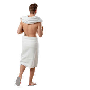 man wearing a sauna towel walking