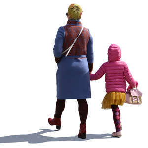 mother and daughter in colorful outfits walking and holding hands