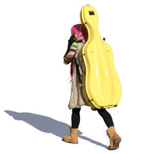 woman carrying a yellow cello case walking and talking on the phone