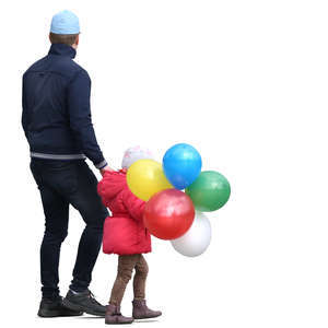 father walking hand in hand with his daughter who has many balloons